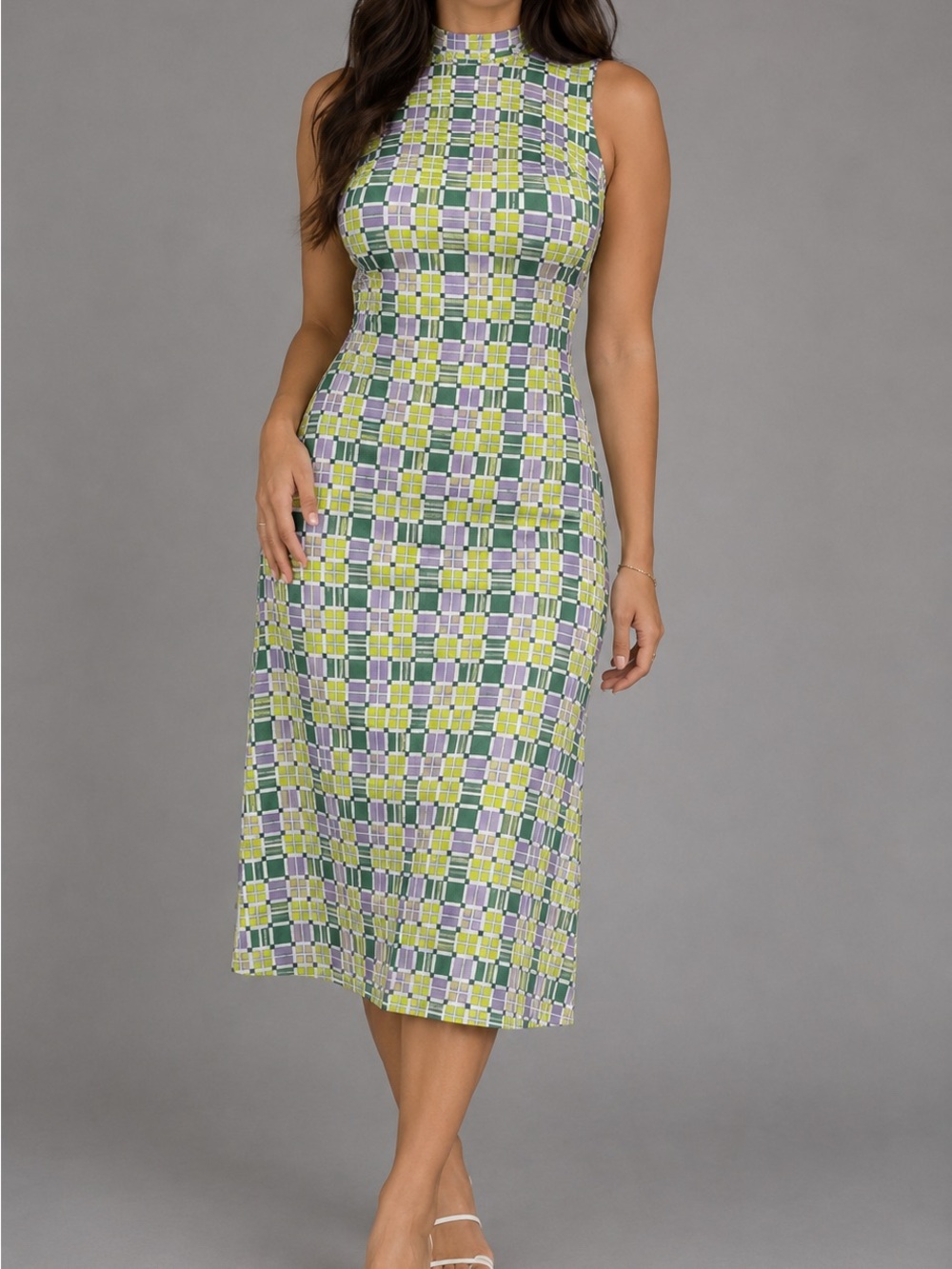 Sleeveless Mini Dress in Green and Lavender Geometric Print